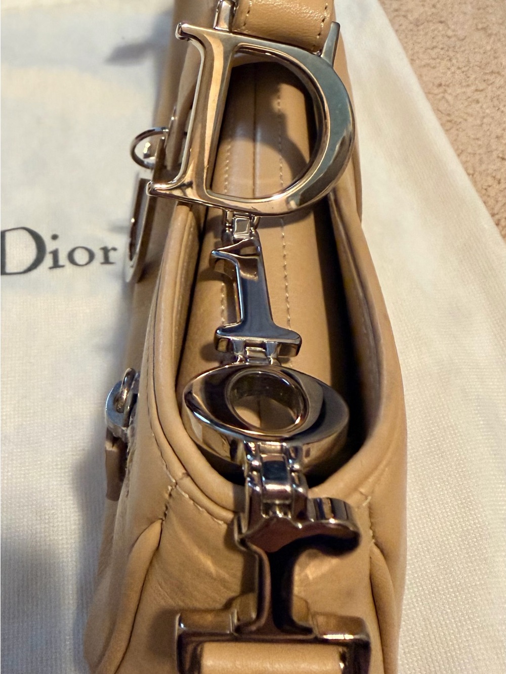 Dior Beige/Tan Leather Shoulder Bag with D Charm - Picture 3 of 10